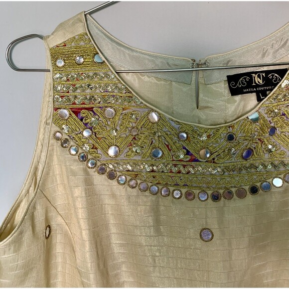 Nazila Couture Size Large Shisha Embroidered Kurta Tunic Top Dress Gold Fringe - Picture 1 of 10